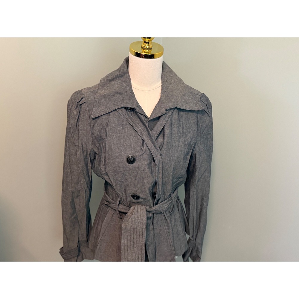 Black Rivet Grey Double Breasted Belted Short Trench Jacket Coat Womens Size M